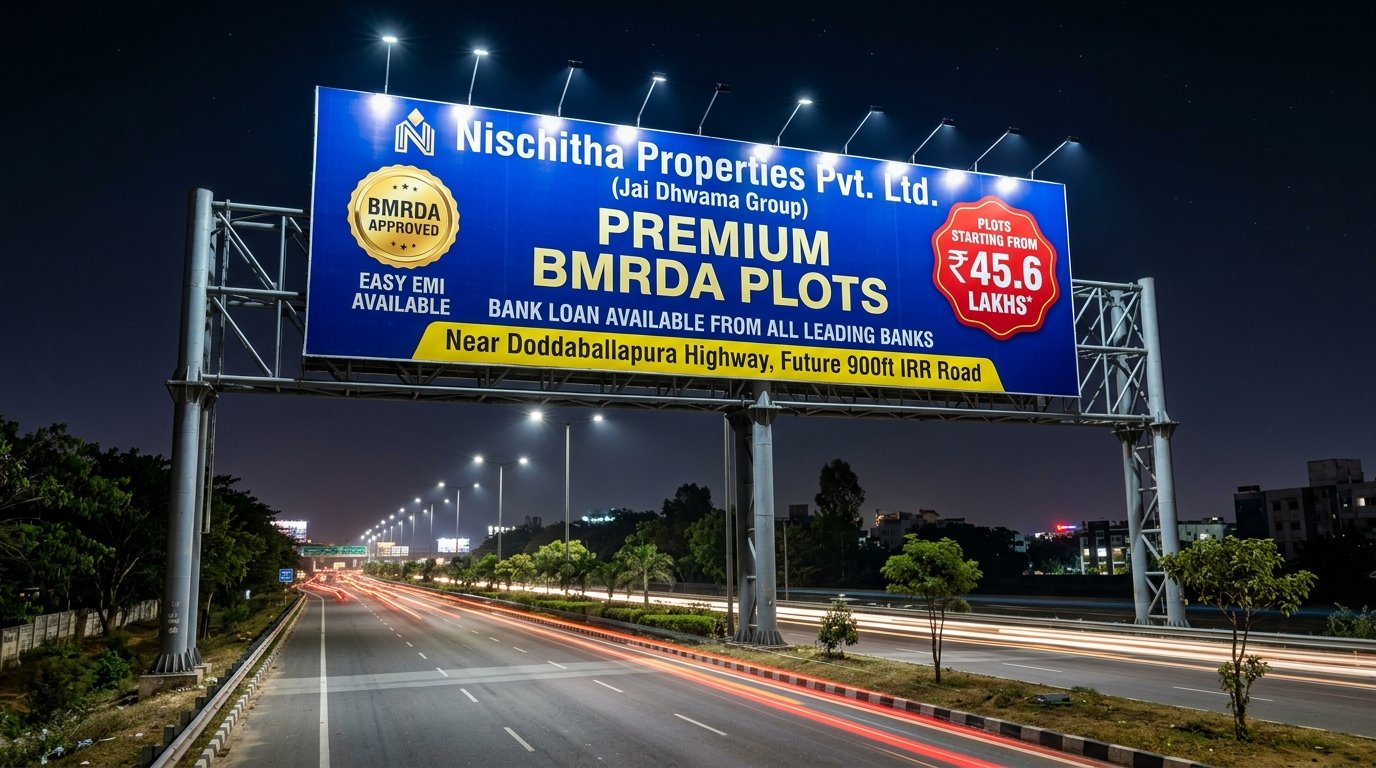 Nischitha Properties Premium BMRDA Plots Highway Billboard